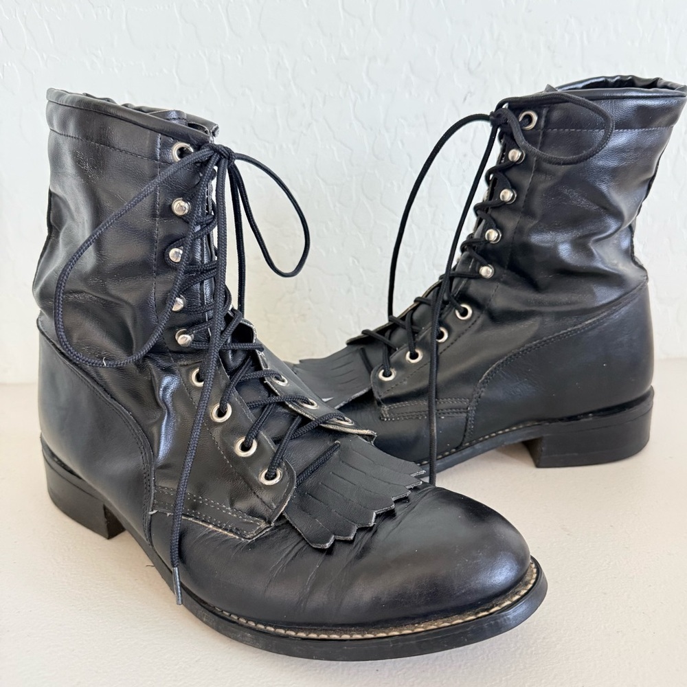 Vintage Texas American Made Lace Up Black Leather Kiltie Western Boots Size 9EE